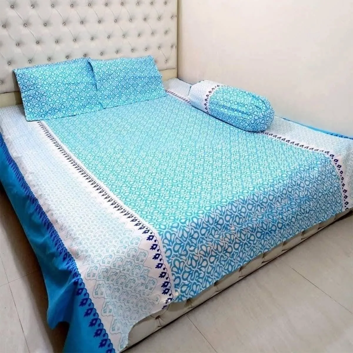 100% কটন বেডশীট + ২ পিস মাথার + ১ পিস কোল বালিশের কভার - E126