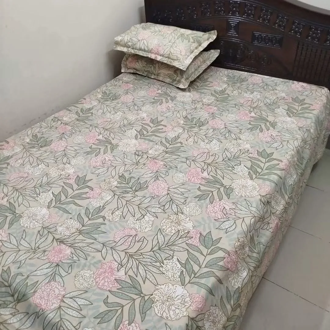 100% কটন বেডশীট + ২ পিস মাথার + ১ পিস কোল বালিশের কভার - E136