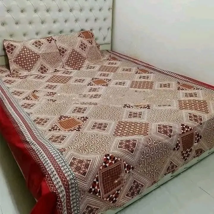 100% কটন বেডশীট + ২ পিস মাথার + ১ পিস কোল বালিশের কভার - E145 - GohrerSob