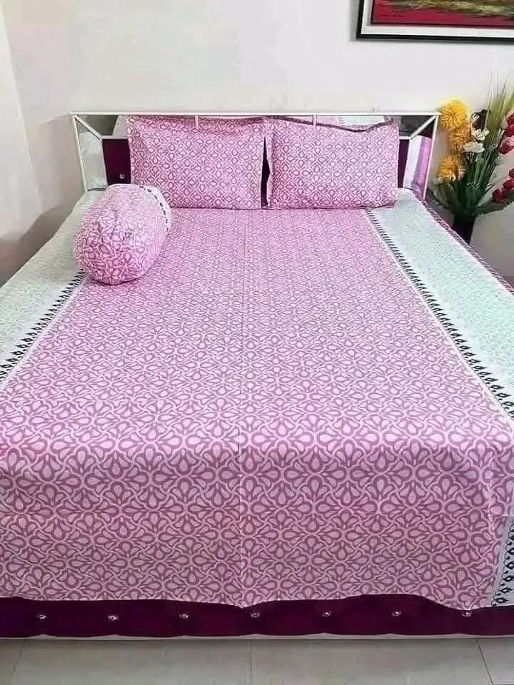 100% কটন বেডশীট + ২ পিস মাথার + ১ পিস কোল বালিশের কভার - E109 - GohrerSob